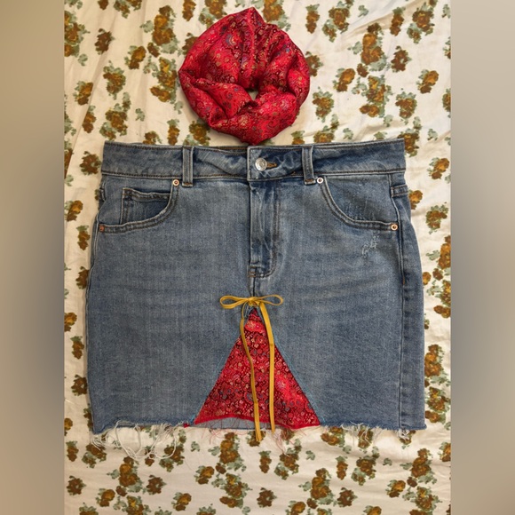 Upcycled Dresses & Skirts - Upcycled Denim Mini Skirt and Scrunchie Size M